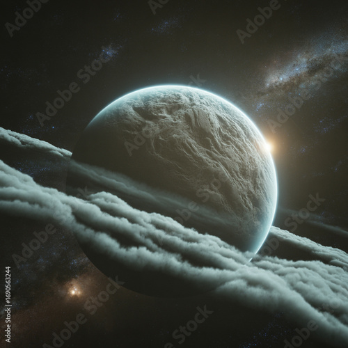 Textured Alien Planet with Thick Atmospheric Clouds in Deep Space