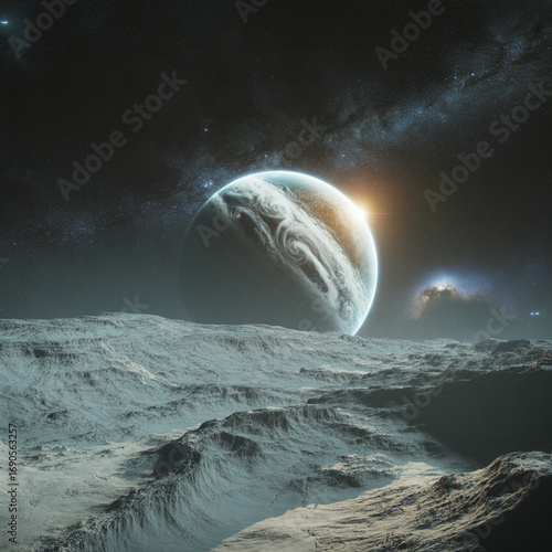 Icy Moon Landscape with a Distant Gas Giant in the Sky