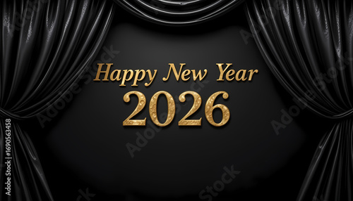 Happy New Year 2026 Black Curtain Celebration Poster Gold Typography with Dramatic Drapes on Dark Background Elegant Holiday Greeting Design for Seasonal Events and Promotions