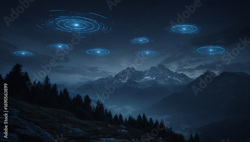 a dark night sky with glowing blue wireless network symbols 