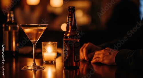 Warmly lit bar setting with drinks and candlelight: beer bottle and cocktail glass on wooden table