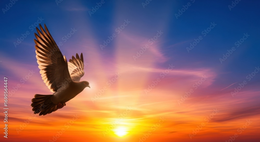 Fototapeta premium Dove flies towards the sun in a vibrant sunset sky