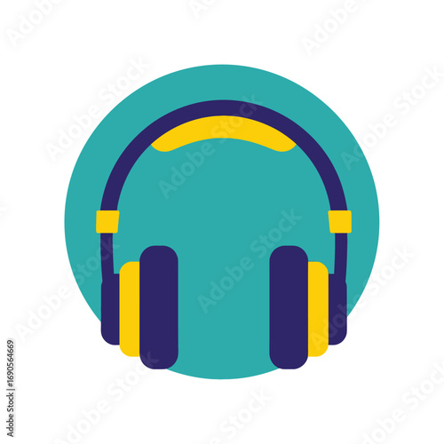 A vibrant graphic illustration of blue and yellow over-ear headphones on a circular teal background.