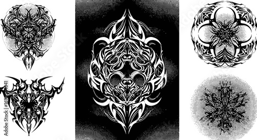 Collection of intricate black and white abstract designs on contrasting backgrounds