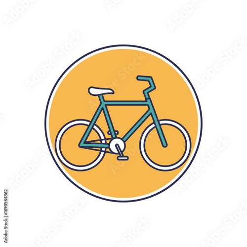 A simple flat design illustration of a teal bicycle within a yellow circular icon.