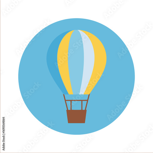 A flat design illustration of a hot air balloon with yellow, blue, and white stripes and a brown basket on a light blue circular background.