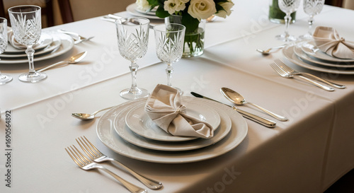 A crisp and elegant table setting for a formal event. The scene is dominated by a bright white tablecloth, which serves as a backdrop for a classic, multi-layered place setting