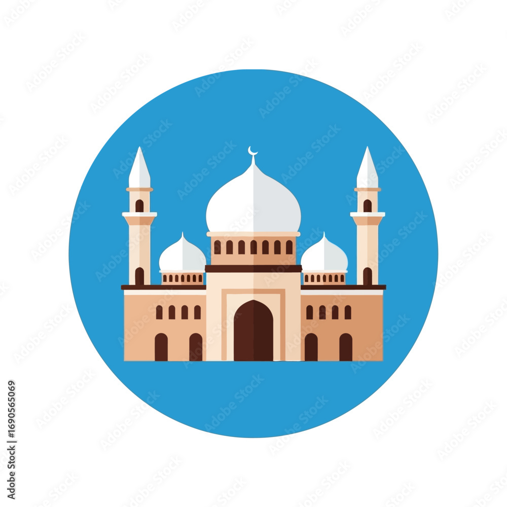 Fototapeta premium A flat design illustration of a mosque with multiple domes and two minarets on a blue background.