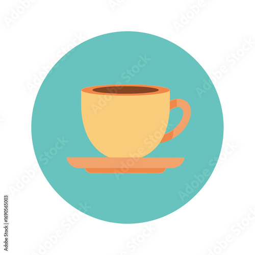 A flat design illustration of a warm beverage in an orange cup with a matching saucer on a teal background.