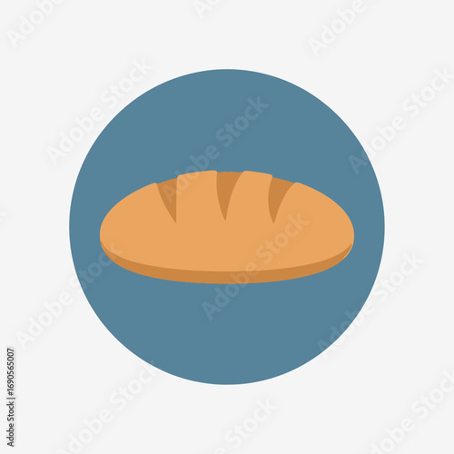 A simple flat design illustration of a golden brown loaf of bread with three score marks on a teal blue circle.