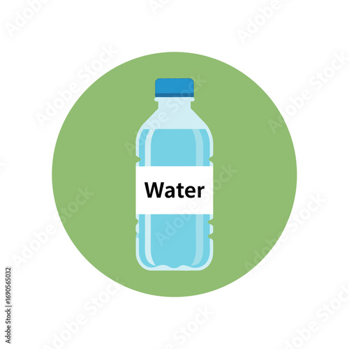 Flat design icon depicting a clear plastic water bottle with a blue cap and a white "Water" label, set against a light green circular background.