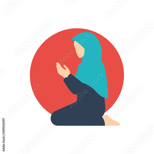 A Muslim woman in a hijab kneels and prays with hands clasped in a flat illustration.