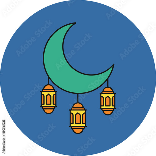 A stylized teal crescent moon with three decorative orange lanterns hanging below it, set against a solid blue circular background.