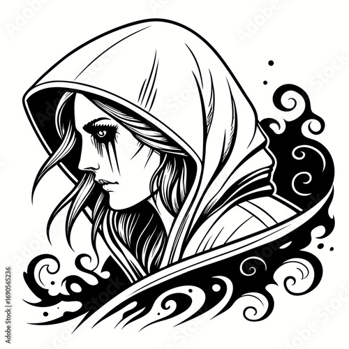 Mysterious hooded woman with dark makeup and swirling designs