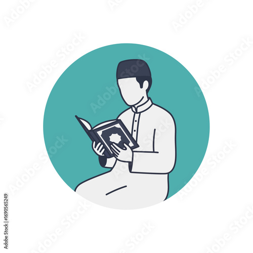 Simple line art illustration of a man in traditional Islamic attire reading a religious book.