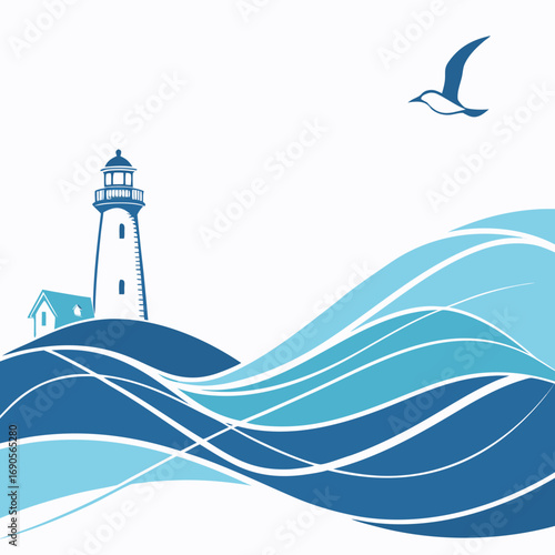 Stylized lighthouse and seagull over blue waves