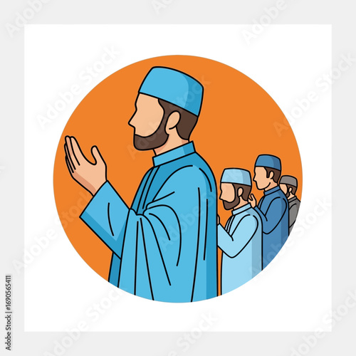 An illustration of a Muslim man praying with hands raised in supplication, leading a line of other men in prayer.