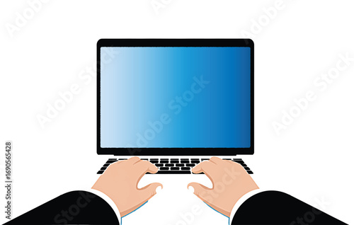First-person view of hands actively typing on a modern laptop, engaging with digital content or work on a bright screen