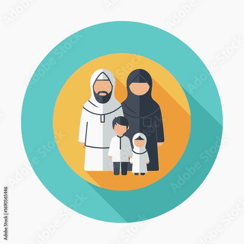 An illustration of a Muslim family, featuring parents and two children, dressed in traditional attire within a circular icon.