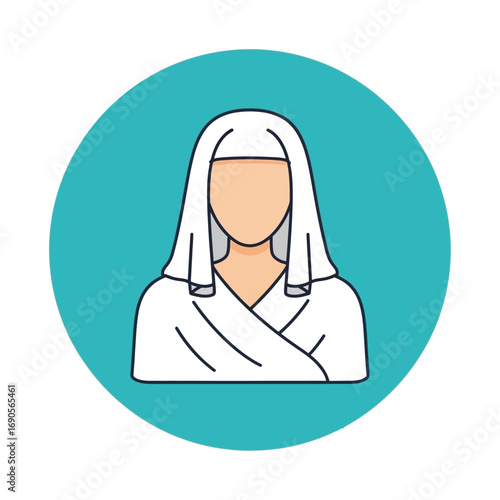 A minimalist icon illustration of a person wearing a white head covering and traditional draped garment.