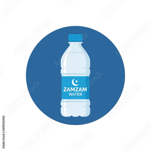 An illustration of a plastic bottle containing Zamzam water, featuring a blue label with a crescent moon and star icon, set against a circular blue background.