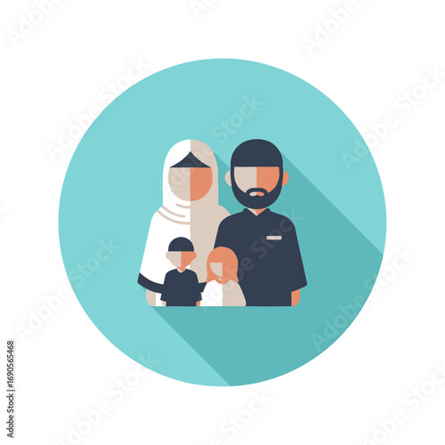 Flat design icon showing a family with a father, a mother wearing a hijab, and their two young children.