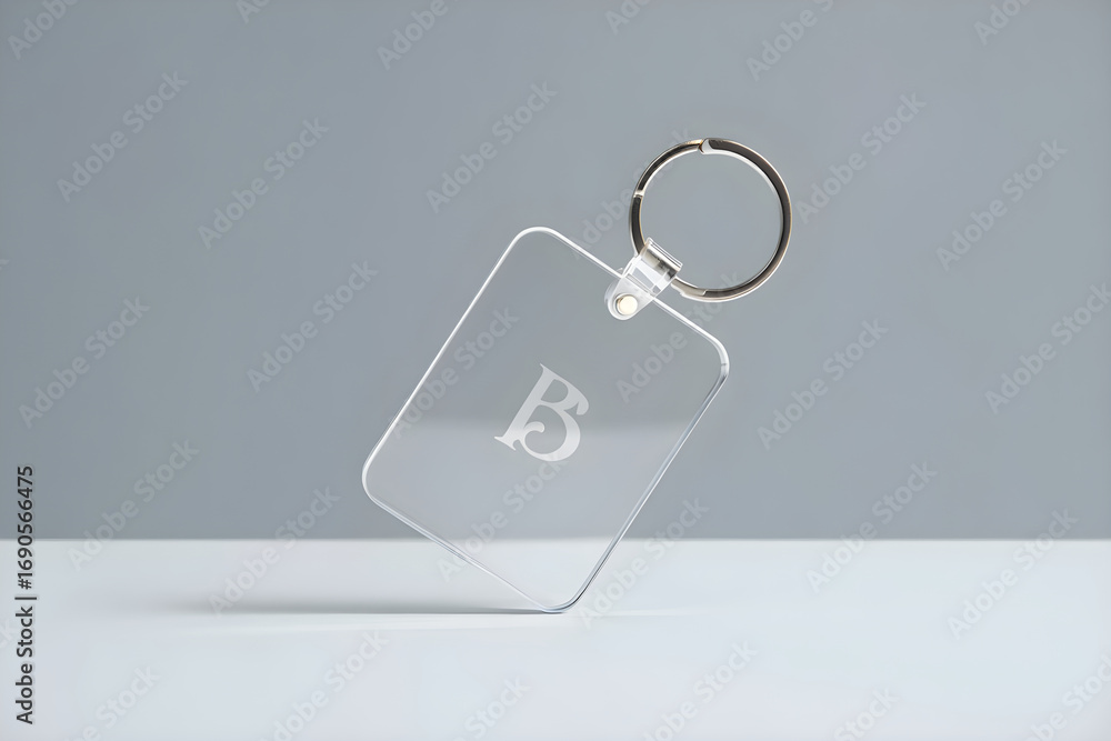 Fototapeta premium Clear Rectangular Keychain with Engraved Letter B and Silver Ring transparent acrylic