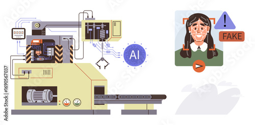 Automated machine evaluates deepfake media with AI, identifying fake content. Ideal for AI, automation, cybersecurity, media forensics, technology ethics, fraud prevention innovation. Simple flat