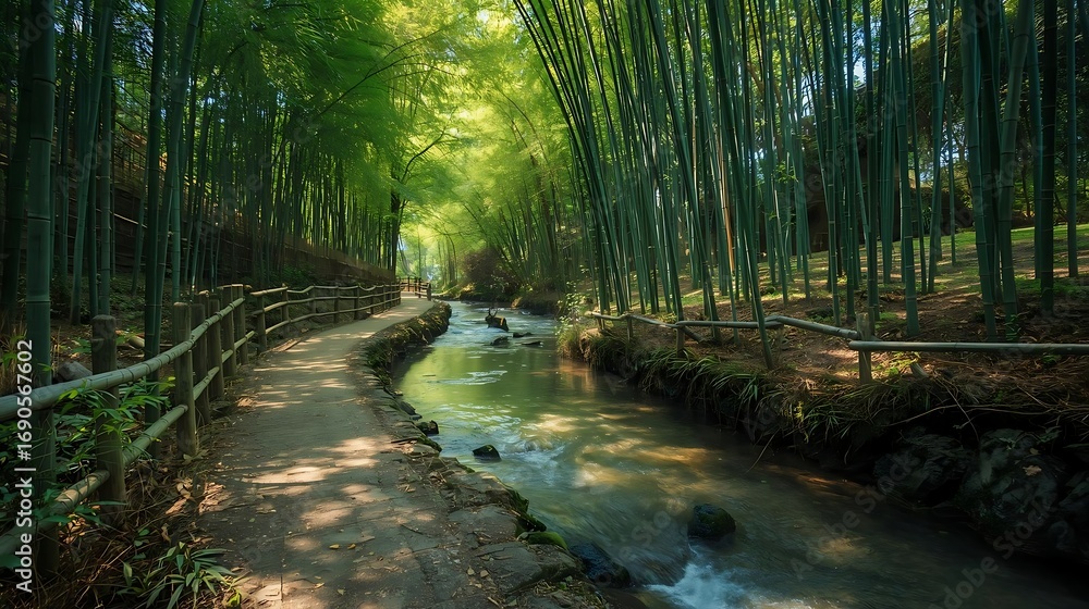 Fototapeta premium Lush bamboo forest trail by a stream