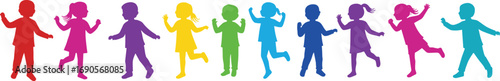 Colorful children silhouette illustration, kids playing vector, rainbow children group, diverse child silhouettes, vibrant young kids artwork, happy children jumping isolated graphic