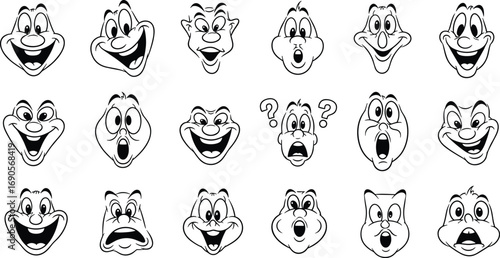 Cartoon character faces with diverse emotional expressions, funny comic emotions, happy, surprised, confused, angry, cheerful, exaggerated facial reactions, black and white line art