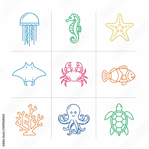 outlined illustrations of marine animals, featuring jellyfish, seahorses, starfish, and more
