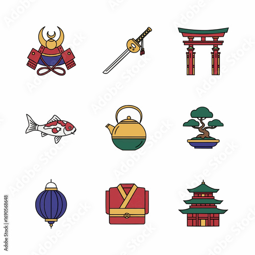 Collection of Traditional Japanese Elements Including Icons of Culture and Nature