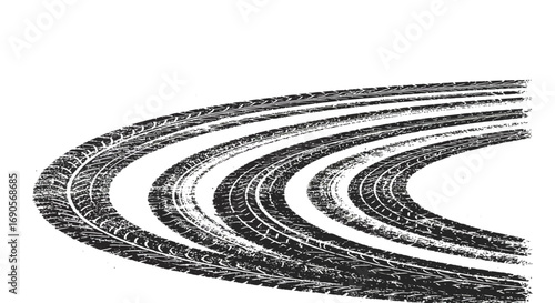 Black and white tire track marks curved pattern isolated on white background
