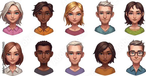 Cartoon avatar set, diverse male and female faces, modern character portraits, digital art style, multicultural people, profile illustration.