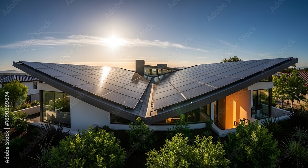 Obraz premium Aerial view of a modern house with solar panels on the roof during a sunny day at golden hour