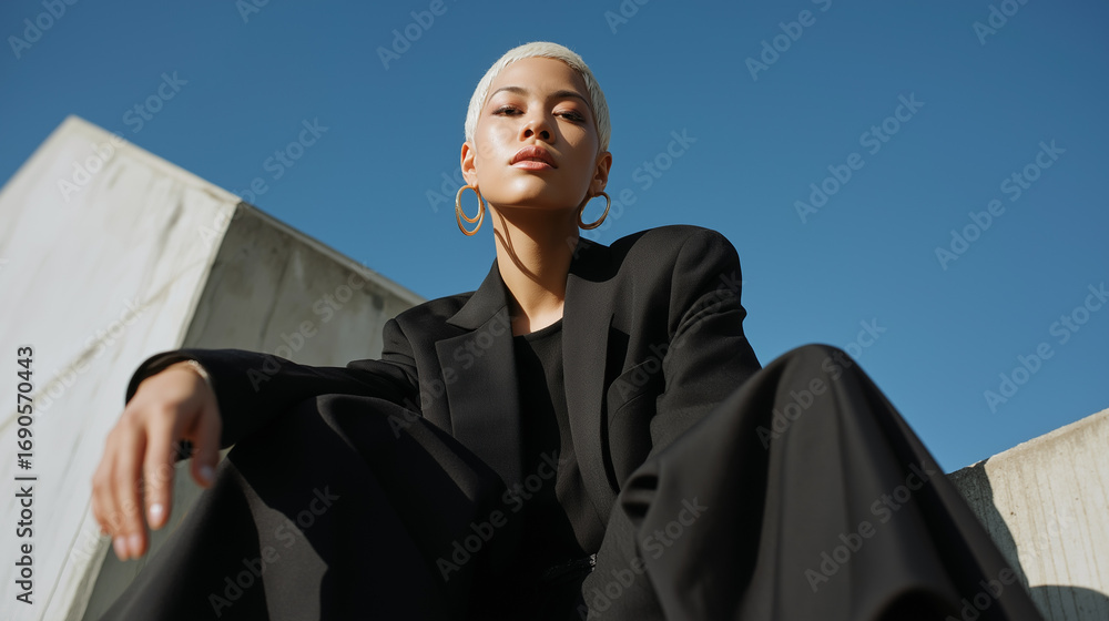 Fototapeta premium Confident Young Adult in Black Suit Exuding Power and Elegance for a Modern Fashion Editorial Shoot