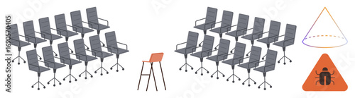 Rows of empty swivel chairs face a singular stool, paired with a warning triangle and cone outline. Ideal for leadership, imbalance, isolation, teamwork, safety, focus minimalism. Simple flat