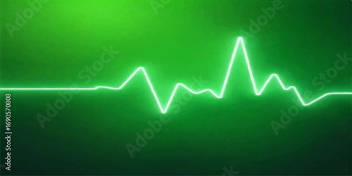 A medical monitor shows a green vector heartbeat line on a cardiogram, illustrating a pulse wave