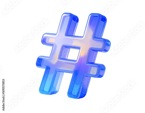 3D hashtag symbol, vibrant blue-purple holographic glass effect