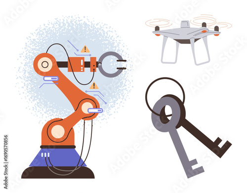 Robotic arm with circuits, Quadcopter, and keys suggest innovation, automation, security, and modernity. Ideal for industry, robotics technology security systems smart solutions AI digital future. A
