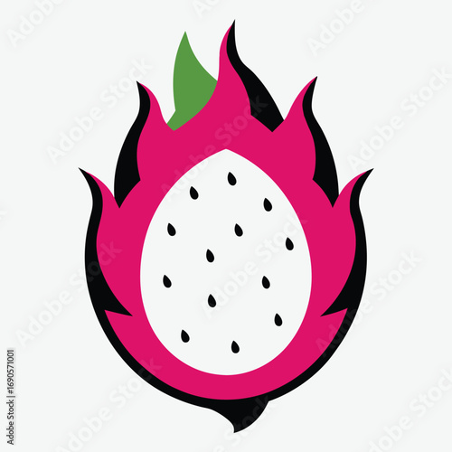 Vector art of vibrant dragon fruit cut in half, showcasing its white flesh and black seeds