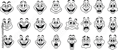 Collection of 28 black and white cartoon faces showing diverse emotions, funny expressive character illustrations, emotive facial expressions, comic mood icons, hand-drawn vector art