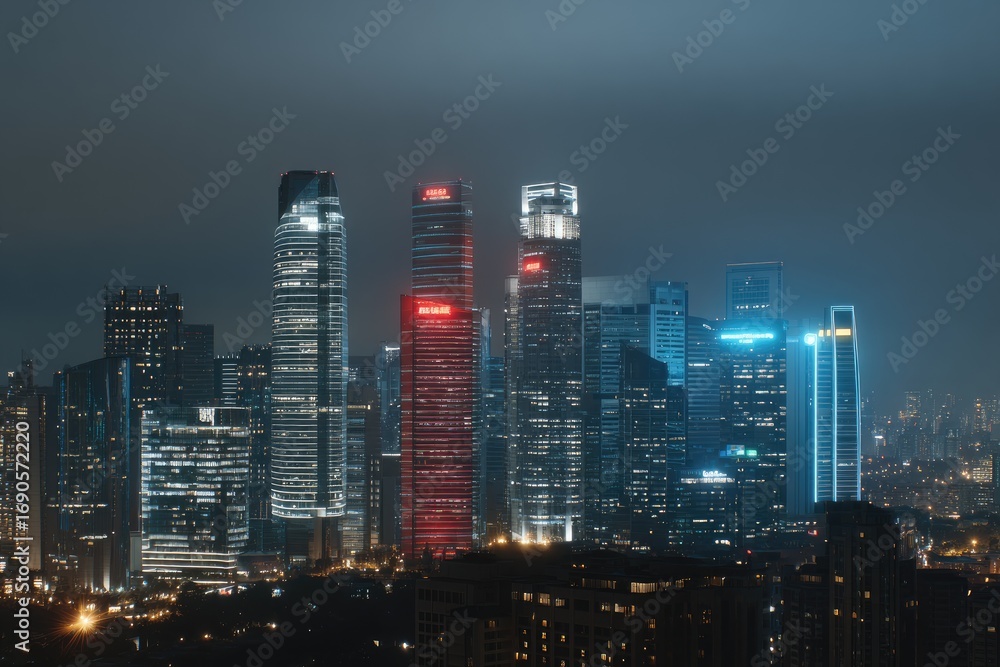 Fototapeta premium City skyline at night, illuminated skyscrapers