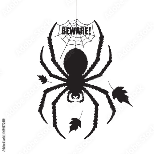 Black spider hanging from web with beware text and falling leaves halloween