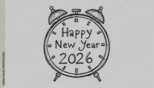 Happy New Year 2026 Clock Illustration Design Stylized Alarm Clock with Festive Message Inside Dial Celebration Concept for Holiday Greetings and Time Themes