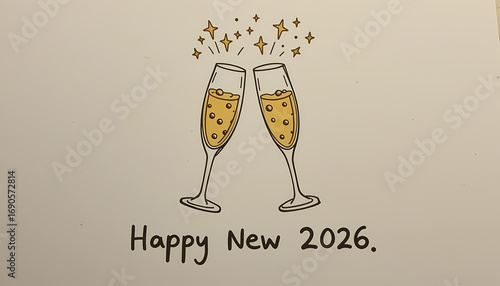 Happy New Year 2026 Champagne Toast Illustration Clinking Glasses with Golden Bubbles and Sparkles Festive Celebration Design for Holiday Greetings