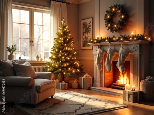 Stylish Room Decorated for Christmas with Fireplace