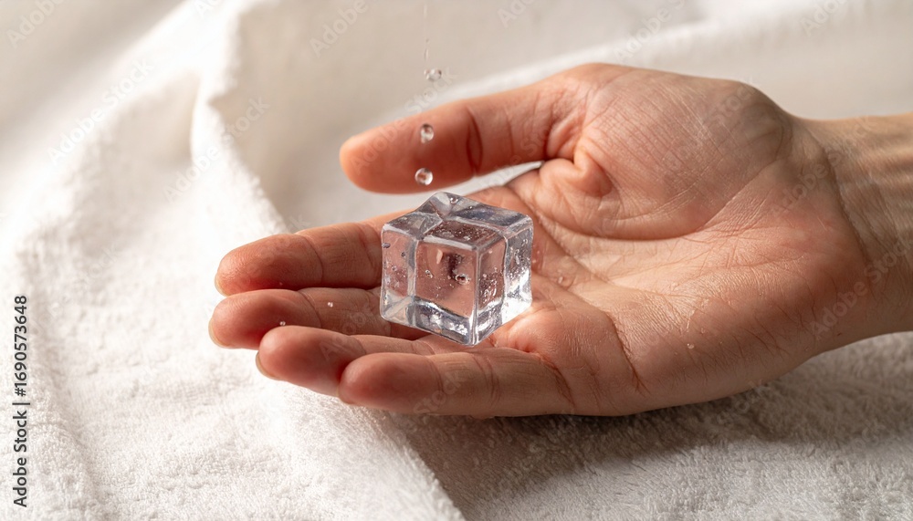 Fototapeta premium Close-up of a hand holding a melting ice cube, water droplets falling; clean, minimalist style with a cool, refreshing mood