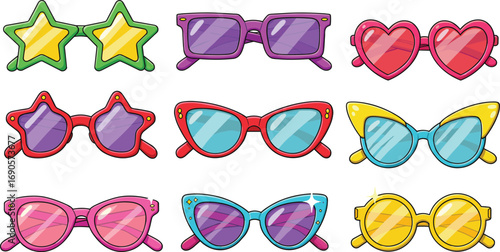 Colorful Cartoon Sunglasses Collection, Fun Fashion Eyewear Vector Set, Cute Stylish Glasses for Kids, Summer Accessory Clipart Design